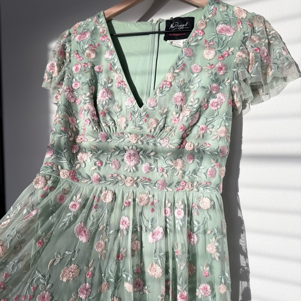 Mac Duggal Green Floral Embroidered Midi Dress